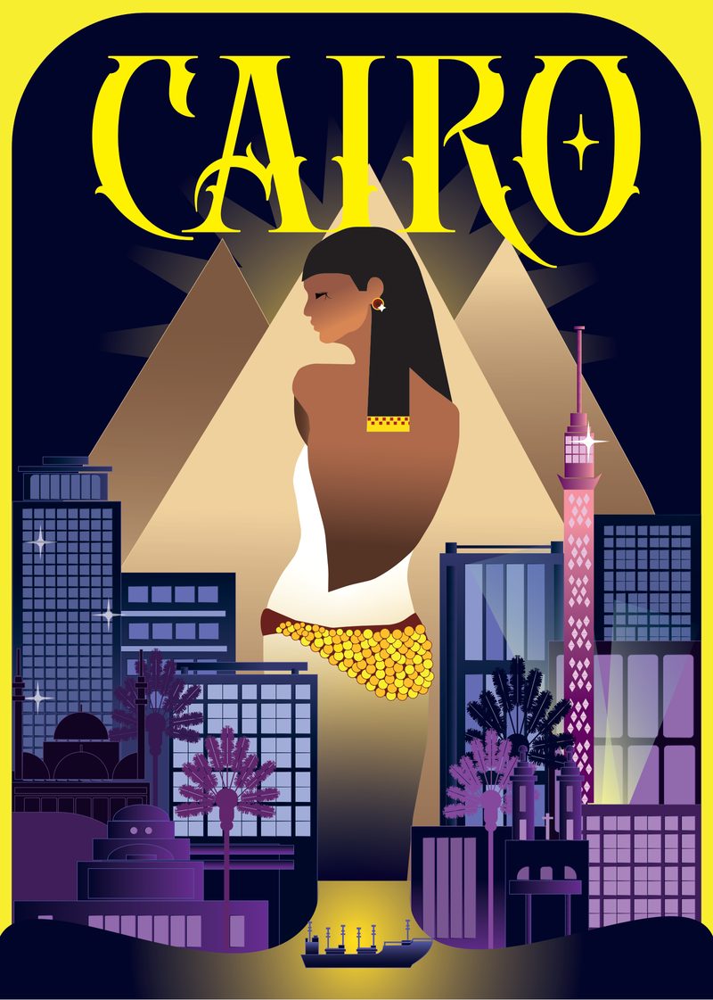 Illustrated travel poster for Cairo: a woman in Pharaonic dress before the pyramids, the Cairo Tower and a purple city skyline