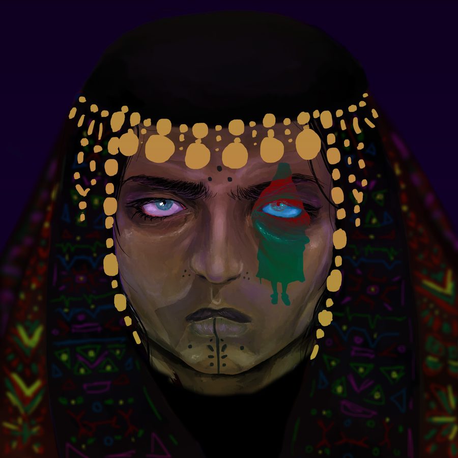 Digital painting: a man in a headdress of gold coins, one eye pale violet and one blue, before a shawl of glowing tribal patterns
