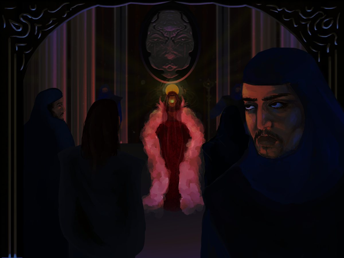 Digital painting: hooded figures in a dark hall around a veiled figure glowing in pink smoke beneath an oval portrait, as a man in the foreground glances sideways