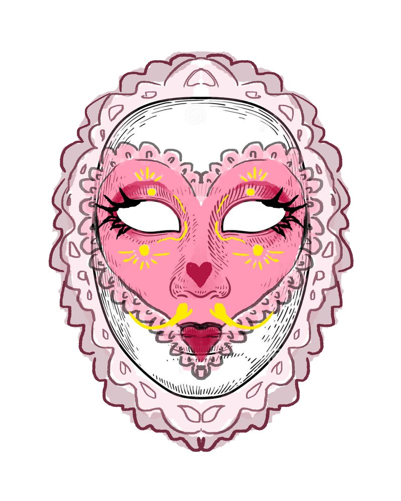 Illustration of two lace-trimmed masks: one pink with a heart-shaped face and gold details, one violet with blue tear marks