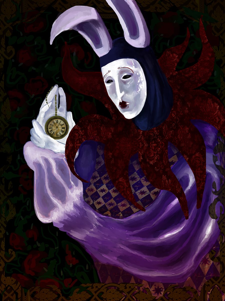 Digital painting: a figure in a white mask and a hood with rabbit ears holds up a pocket watch, wrapped in violet silk and a red brocade collar against dark roses