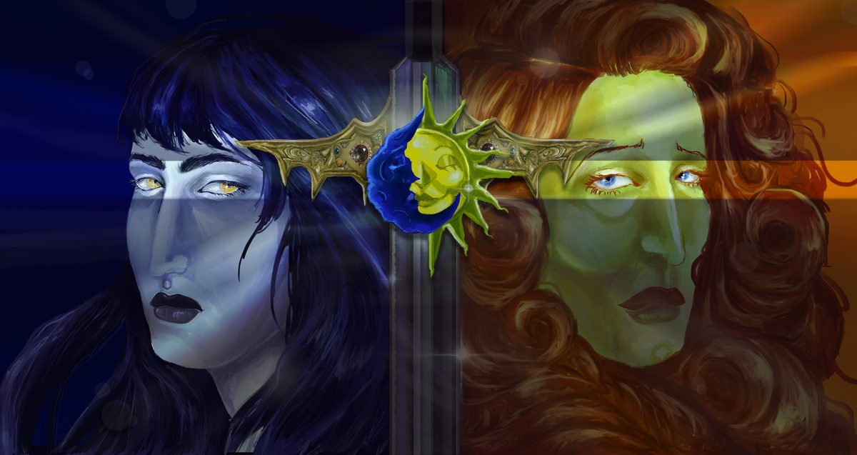 Digital painting: two women face each other across a sword, one in moonlit blue, one in golden sunlight, joined by a sun-and-moon crown