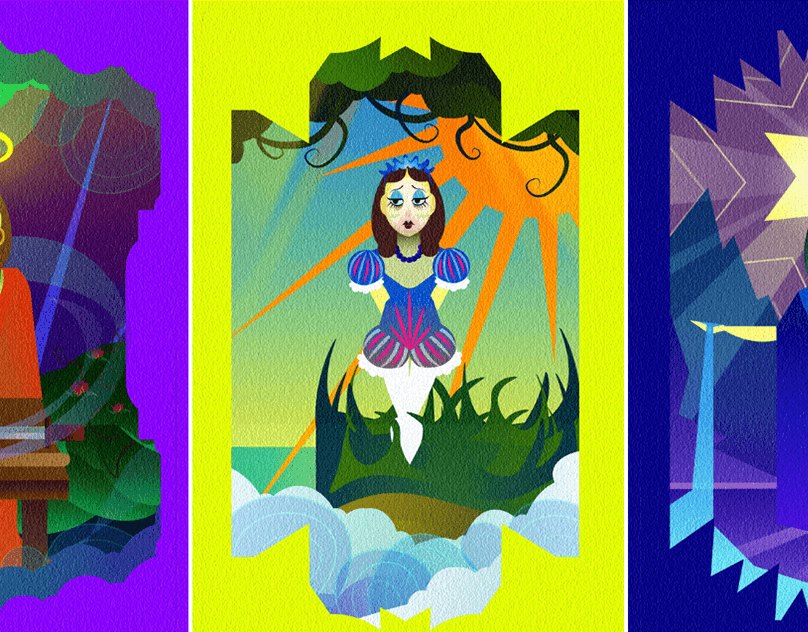Three cards from the Fairouz Tarot deck, painted in violet, acid chartreuse and cobalt