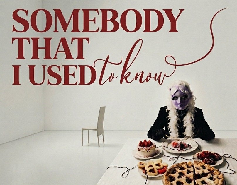 Film poster for Somebody That I Used to Know: a masked figure at a white table of pies and cakes