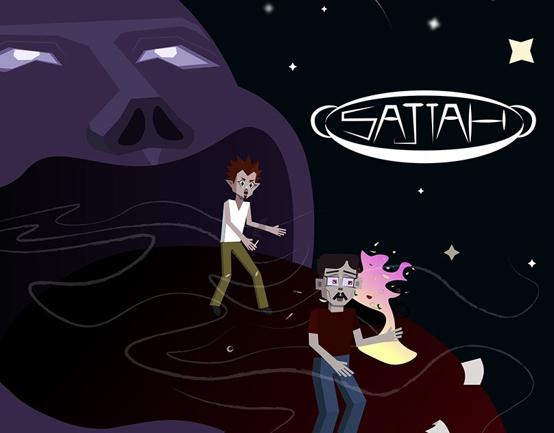 SAJIAH poster: cartoon characters beneath a giant purple face in a starry night